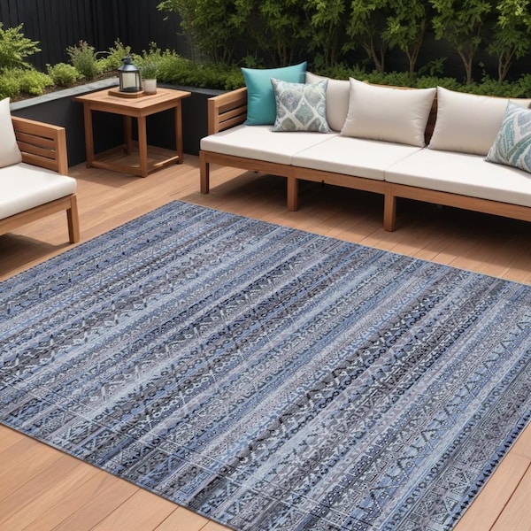 Homeroots 9' X 12' Blue And Charcoal Striped Washable Indoor Outdoor Area Rug 631489 - main