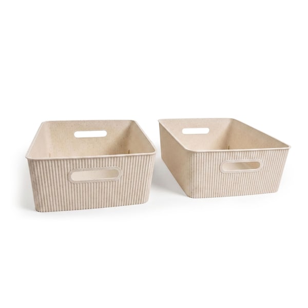 Azar Displays Medium Wheat Lined Textured Plastic Storage Tote Bin with Handles, Decorative Organizer Basket, 2PK 556245-WT-2PK - main