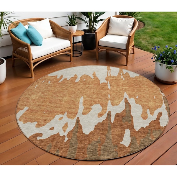 Homeroots 8' Orange And Brown Round Abstract Washable Indoor Outdoor Area Rug 613646 - main