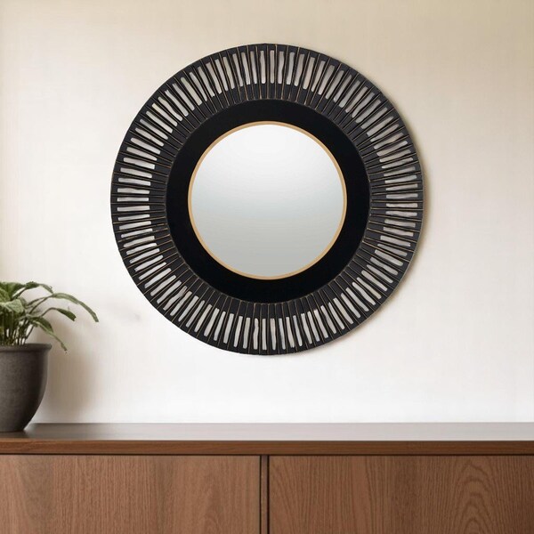 Homeroots 36" Black Metal Round Pierced Accent Mirror 574037 - main
