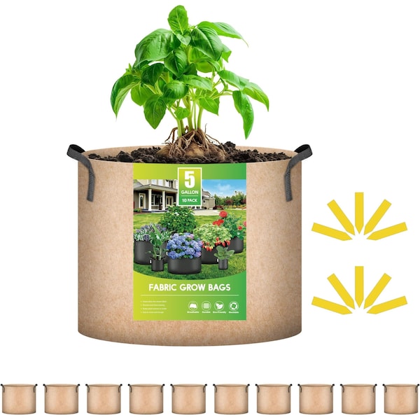 Ipower 5 Gallon Grow Bags, 10 Labels Included, Tan, 10PK GLGROWBAG5X5TANX2 - main