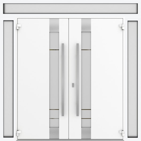 Vdomdoors Metal Double Doors Deux 1713 Natural Oak Frosted Glass 2 Sidelights and Top Transom Entry Modern Pa DEUX1713DEXD-OAK-W14+72+14xH96+14-LH-I - main
