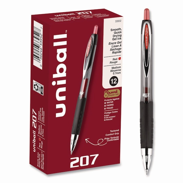 Uni-Ball Signo 207 Gel Pen, Retractable, Medium 0.7 mm, Red Ink, PK12 33952 - main