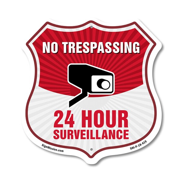 Signmission No Trespassing Shield Sign 24 Hour Surve, 18 Inch X 18 Inch, Plastic Sign SHI-P-18-419 - main