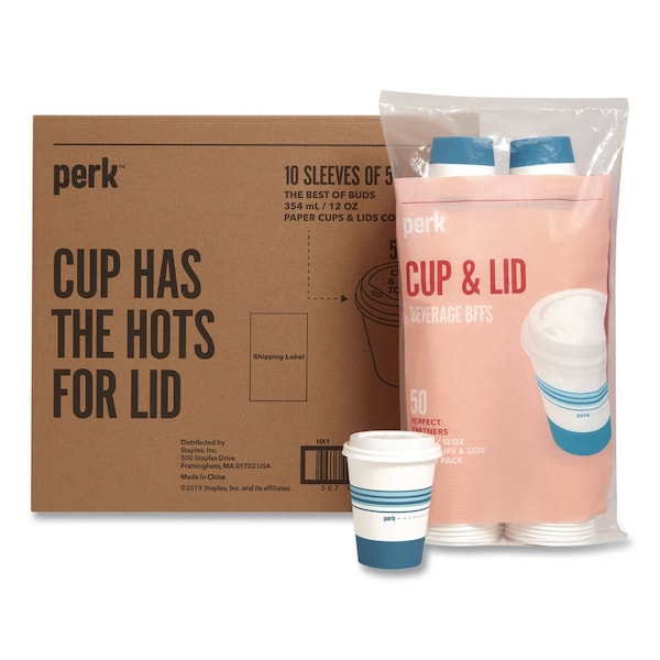 Perk Paper Hot Cup and Plastic Dome Lid Combo, 12 oz, White/Blue, 500PK PK54365CT - main