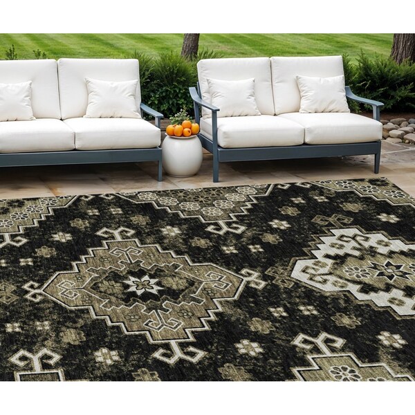 Homeroots 9' X 12' Black Ivory And Taupe Medallion Washable Indoor Outdoor Area Rug 588994 - main
