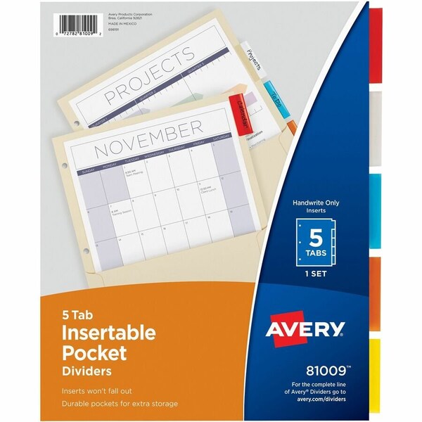Avery Dennison Avery Insertable 5-Tab Divider, 8.88"x11", 5 Tabs, Assorted/Multicolor 81009 - main
