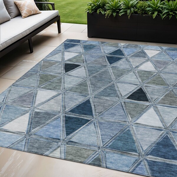 Homeroots 5' X 8' Denim Blue And Sky Blue Geometric Washable Indoor Outdoor Area Rug 583023 - main