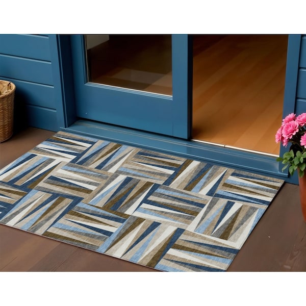 Homeroots 3' X 5' Navy Blue Brown And Beige Geometric Washable Indoor Outdoor Area Rug 598280 - main