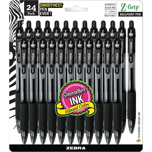 Zebra Pen Z-Grip Ballpoint Pen, Retractable, Medium 1 mm, Black Ink, Clear/Black Barrel, PK24 12221 - main