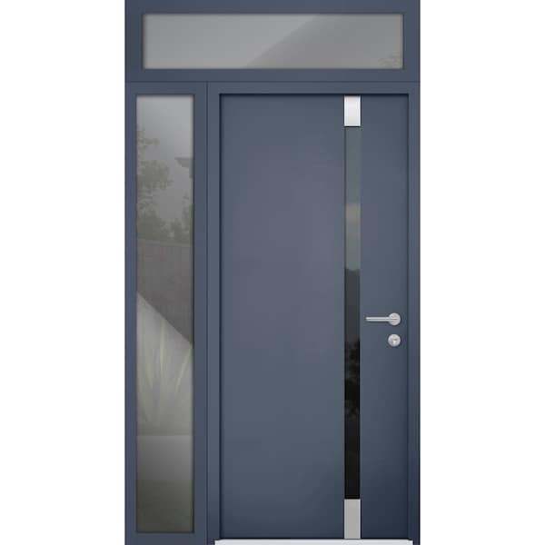 Vdomdoors Steel Door Cynex 6777 Grey Sidelight and Transom Window Stainless Inserts Single Modern Painted-W36 CYNEX6777EXD-GRE-W36+16 x H80+16-Left-hand Inswing - main