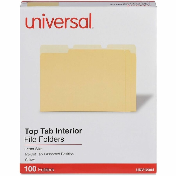 Universal Universal Recycled Interior File Folders, 1/3 Cut Top Tab, Letter, Yellow, 100/Box UNV12304*** - main