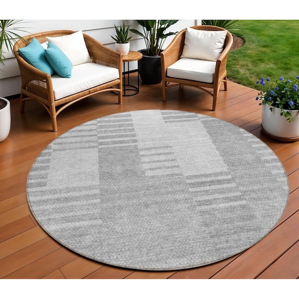 Homeroots 8' Silver Gray And Ivory Round Striped Washable Indoor Outdoor Area Rug 581673 - main