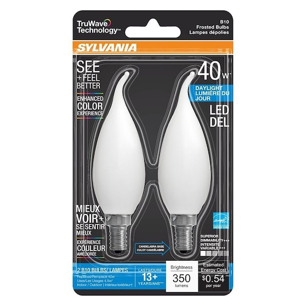 Sylvania Natural LED Bulb, Decorative, B10 Bent Tip Lamp, 40 W Equivalent, E12 Lamp Base, Dimmable, Frosted 40780 - main