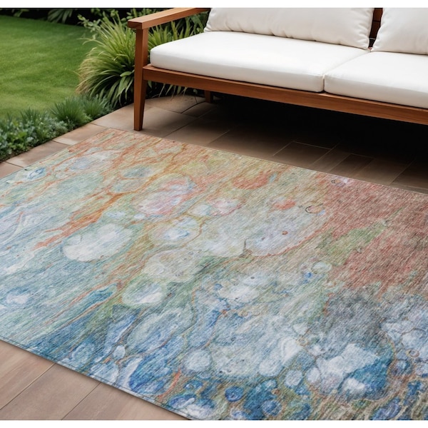 Homeroots 10' X 14' Copper Blue And Artichoke Green Abstract Washable Indoor Outdoor Area Rug 582169 - main
