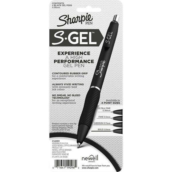 Sharpie S-Gel High-Performance Gel Pen, Retractable, Extra-Fine 0.38 mm, Black Ink, Black Barrel, 4PK 2141125 - main