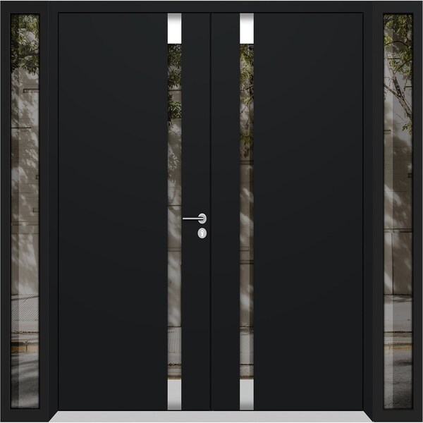 Vdomdoors Aluminum Double Doors Cynex 6777 Black 2 Sidelights Mirrored Clear Glass Modern Painted 104x96 (W16 CYNEX6777DEXD-BLK-W16+72+16xH96-LH-I - main