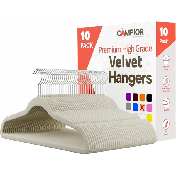 Campior Premium Velvet Non-Slip Hangers, Heavy Duty, 360 Deg Swivel Hook, Ivory Velvet Finish, 10PK CMPVVH10IV - main