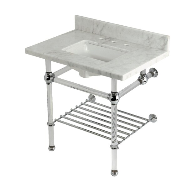 Kingston Brass 30-Inch Carrara Marble Console Sink with Acrylic Legs and Shelf, 8-Inch, 3-Hole KVPB3030MASQB1 - main