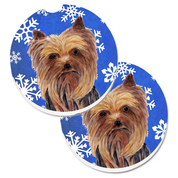 Carolines Treasures Yorkie Winter Snowflakes Holiday Set of 2 Cup Holder Car Coaster SC9365CARC - main