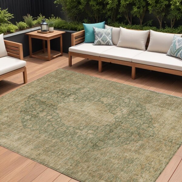 Homeroots 8' X 10' Artichoke Green And Beige Medallion Washable Indoor Outdoor Area Rug 616445 - main