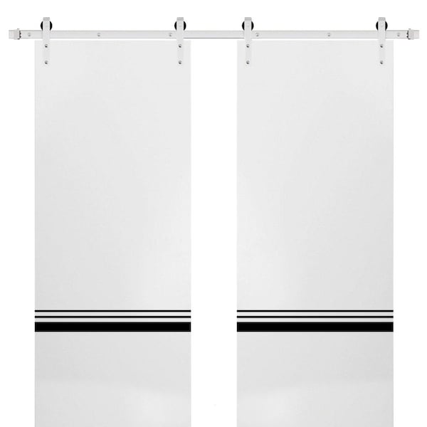 Sartodoors Sturdy Double Barn Door with Hardware, Planum 0012 White Silk and Aluminum Strips, 13FT Rail Hanger PLANUM0012DB-S-WS-36 x 96 (2* 18x96) - main