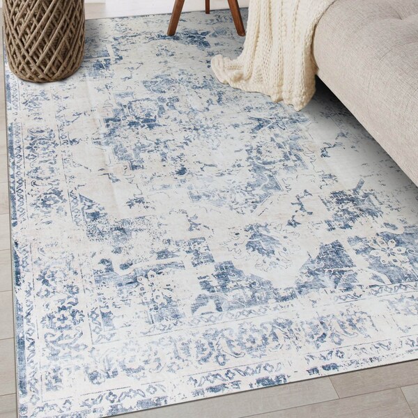 World Rug Gallery Traditional Vintage Distressed Washable Non Slip Area Rug 3 ft x 5 ft Blue WR77BLUE3X5 - main
