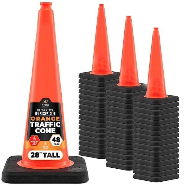 Xpose Safety 28 Inch Multipurpose PVC Orange Traffic Slim Line Cone 7lb base, 48PK OTC28SL-48-X - main