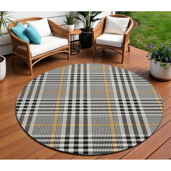 Homeroots 8' Black Gold And Ivory Round Plaid Washable Indoor Outdoor Area Rug 601454 - main