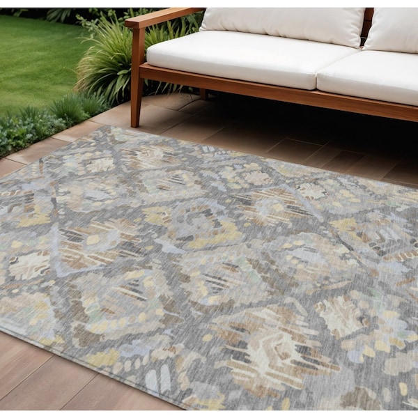 Homeroots 8' X 10' Gray And Brown Geometric Washable Indoor Outdoor Area Rug 609145 - main