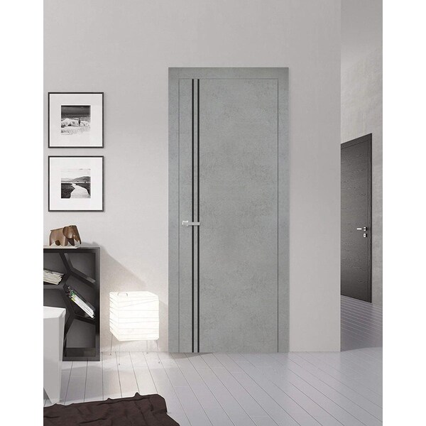 Sartodoors Modern Wood Interior Door with Hardware, Planum 0016 Concrete and Aluminum Strips, Single Panel Fra PLANUM0016ID-BTN-18 - main