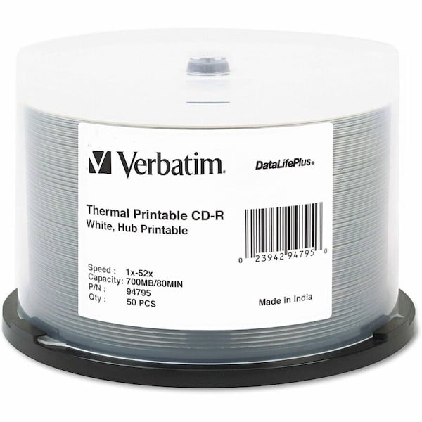 Verbatim CD-R 700MB 52X DataLifePlus White Inkjet Printable, Hub Printable - 50pk Spindle 94755 - main