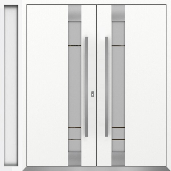Vdomdoors Metal Double Doors Deux 1713 White Enamel Frosted Glass 1 Sidelight Entry Modern Painted 84x80 (W72 DEUX1713DEXD-BEM-W72+12xH80-LH-I - main