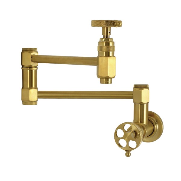 Kingston Brass Wall Mount Pot Filler Faucet with Knurled Handle, Brushed Brass KS5107RKX - main