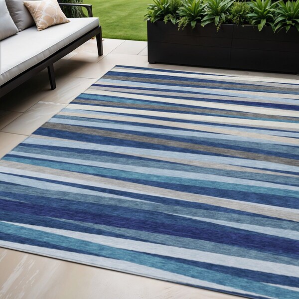 Homeroots 5' X 8' Navy Blue Ivory And Gray Striped Washable Indoor Outdoor Area Rug 597344 - main