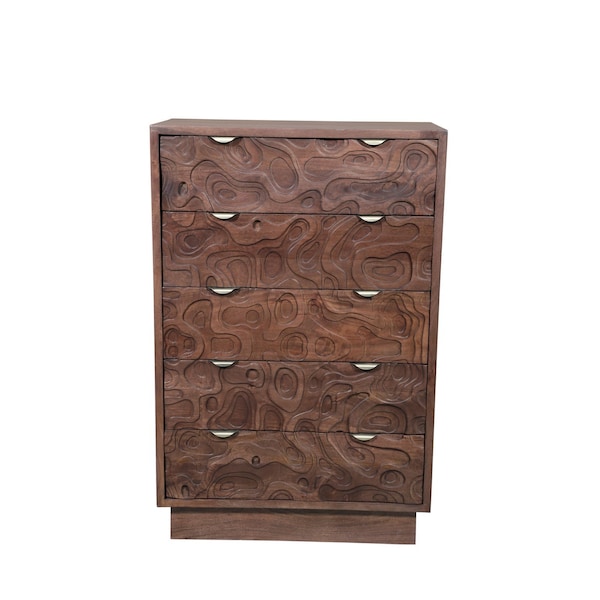 Homeroots 35" Brown Carved Abstract Solid Wood Five Drawer Dresser 661225 - main