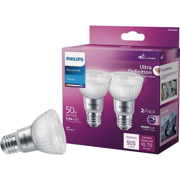 Signify Ultra Definition 50W Equivalent PAR20 Medium Daylight LED Floodlight Light Bulb, 2PK 568451 - main