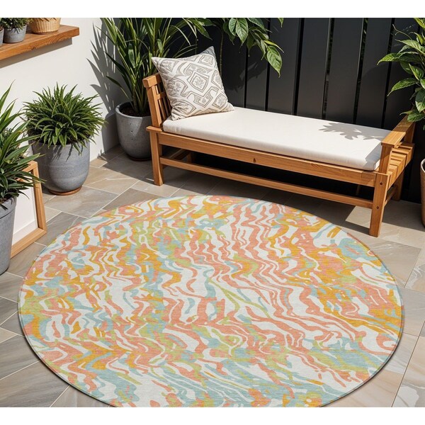 Homeroots 8' Coral Green And Copper Round Abstract Washable Indoor Outdoor Area Rug 600284 - main