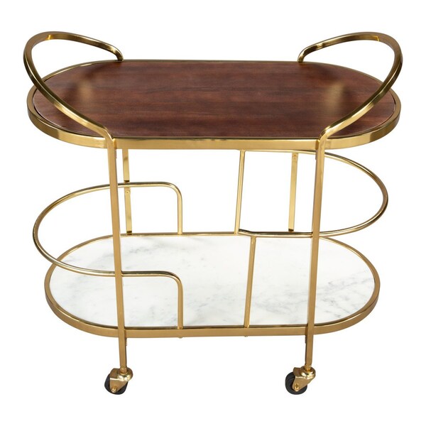 Homeroots 32in Brown Gold And White Iron Solid Wood and Marble Oval Rolling Bar Cart 668800 - main
