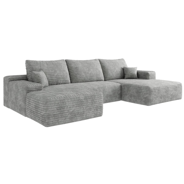 Homeroots 107" Gray Corduroy Modular Compression Foam Sofa With Ottoman And Toss Pillows 712954 - main
