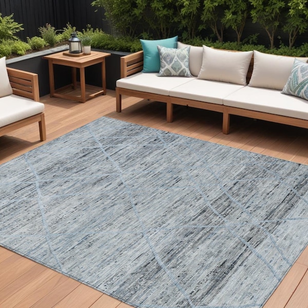 Homeroots 9' X 12' Blue And Gray Trellis Washable Indoor Outdoor Area Rug 616488 - main