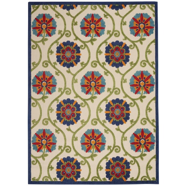 Homeroots 4' X 6' Navy Blue Beige Green Blue And Red Floral Indoor Outdoor Area Rug 546776 - main