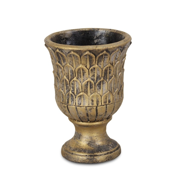 Homeroots 7in Antiqued Brass Textural Tone On Tone Cement Indoor Outdoor Round Urn Planter 487901 - main