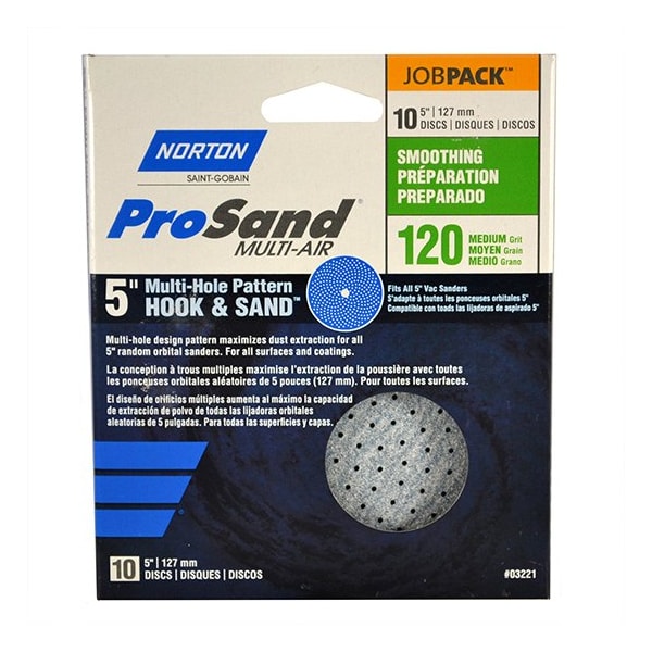 Norton Co 5" Norton 03221 ProSand Multi-Hole Hook & Sand Center Hole Vacuum Discs, 120-Grit, Medium, 10-Pack 03219 - main