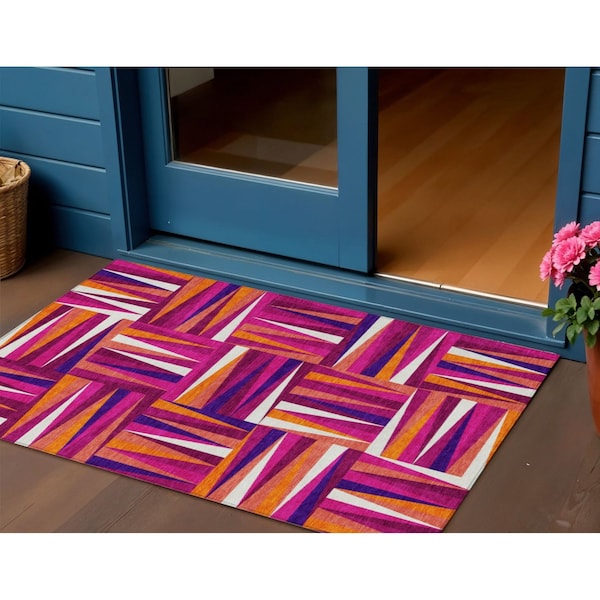 Homeroots 3' X 5' Red Purple And Copper Geometric Washable Indoor Outdoor Area Rug 598256 - main
