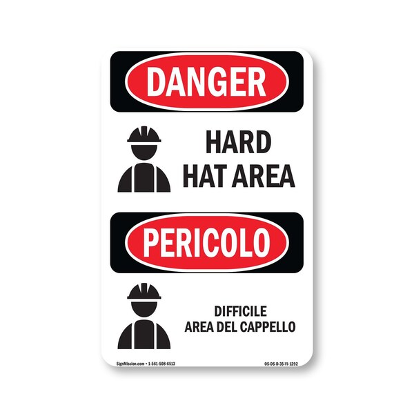 Signmission OSHA Danger Sign, Hard Hat Area Bilingual, 5in X 3.5in Decal, OS-DS-D-35-VI-1292 OS-DS-D-35-VI-1292 - main