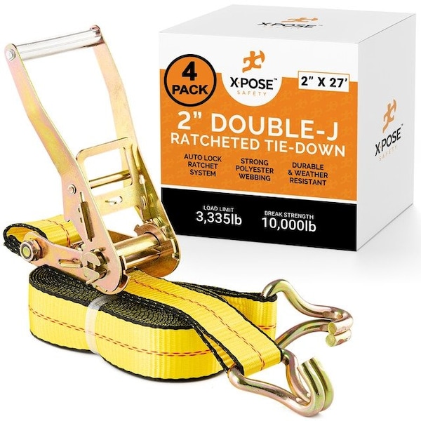 Xpose Safety Ratchet Straps Heavy Duty, 2 In x 27 FT Tie Down Straps Ratchet Operated with Double J Hooks, 4-PK RTD227-DJH-4-X-S - main