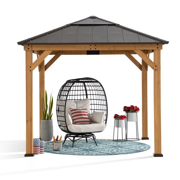 Sunjoy Outdoor Patio 9x9 ft Cedar Framed Gazebo with Brown Steel and Polycarbonate Hip Roof Hardtop A102007060 - main
