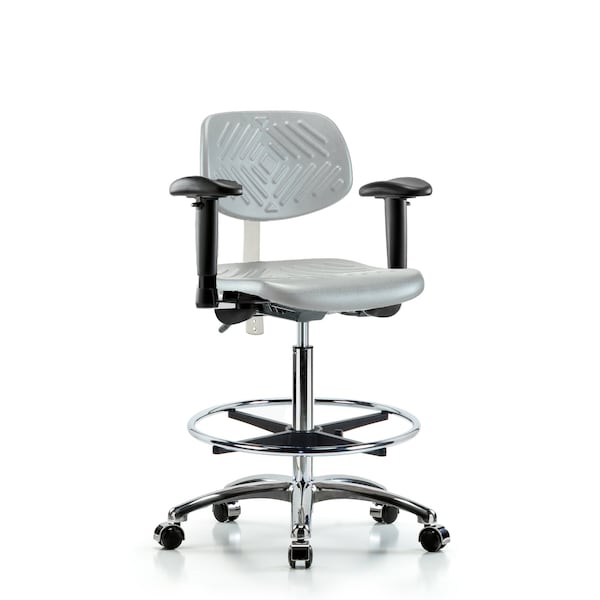 Blue Ridge Ergonomics CL100CleanRoom Chair-High Bench Height with Adj Arms, Chrome Foot Ring, & Casters in Gray Poly NCR-PHBCH-CR-T0-A1-CF-CC-GRY - main