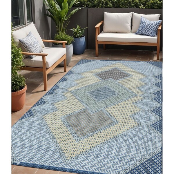 Homeroots 5' X 8' Denim Blue Gray And Brown Geometric Washable Indoor Outdoor Area Rug 631904 - main